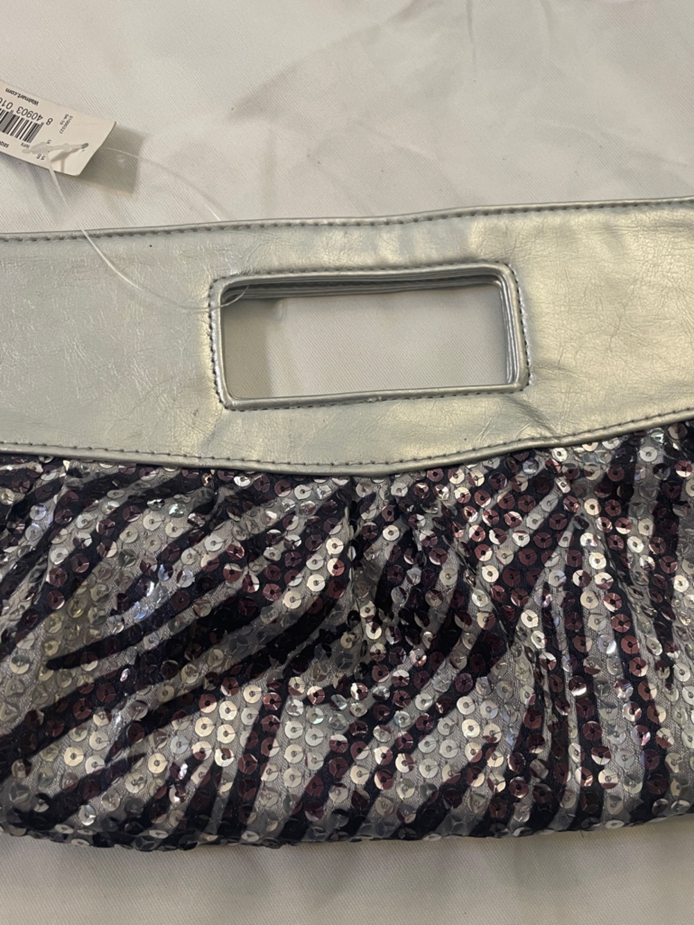 Sequin Zebra-Print Wristlet Clutch in Silver